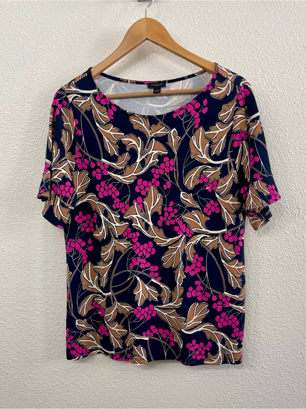 Ann Taylor Navy Short-Sleeve Top with Pink & Brown Floral Print